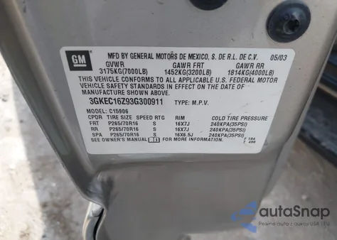 2003 GMC Yukon Xl 1500 Slt из США, поврежденный, VIN 3GKEC16Z93G300911